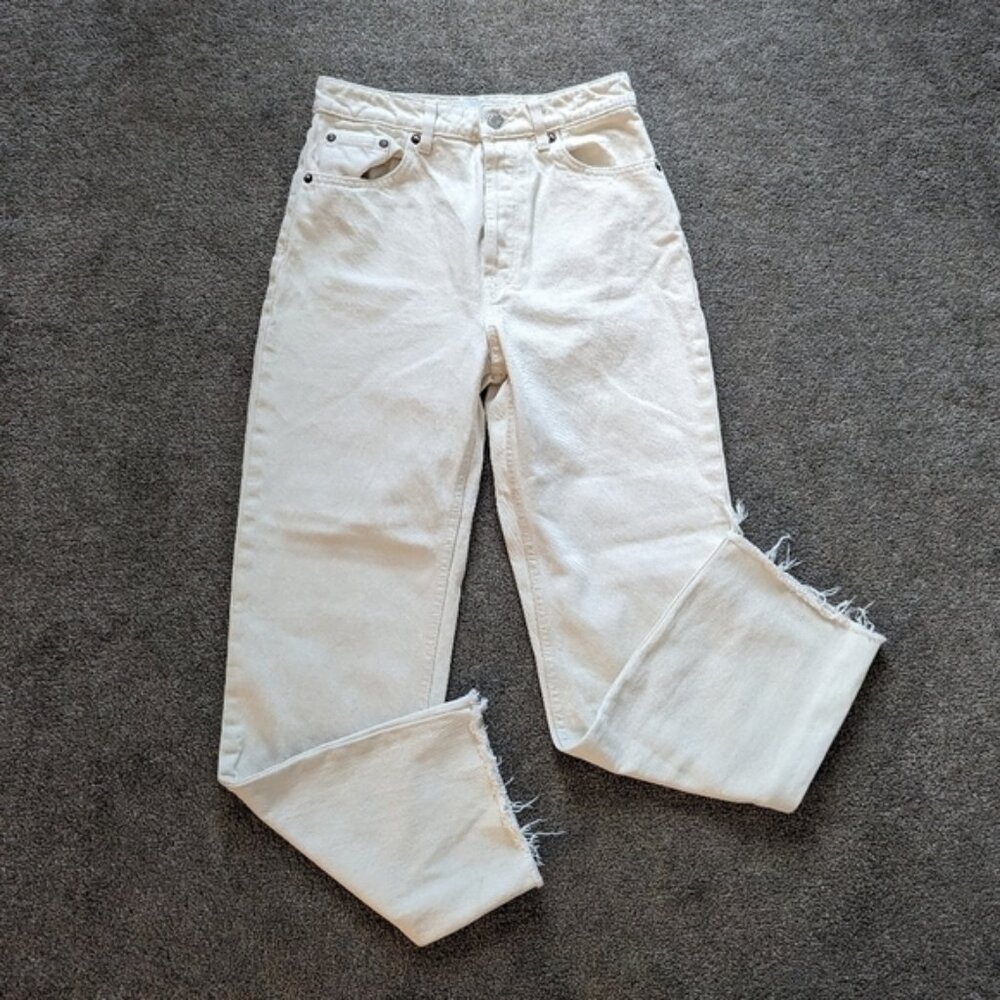 Zara high rise wide leg cream jeans Size 36 button fly raw hem